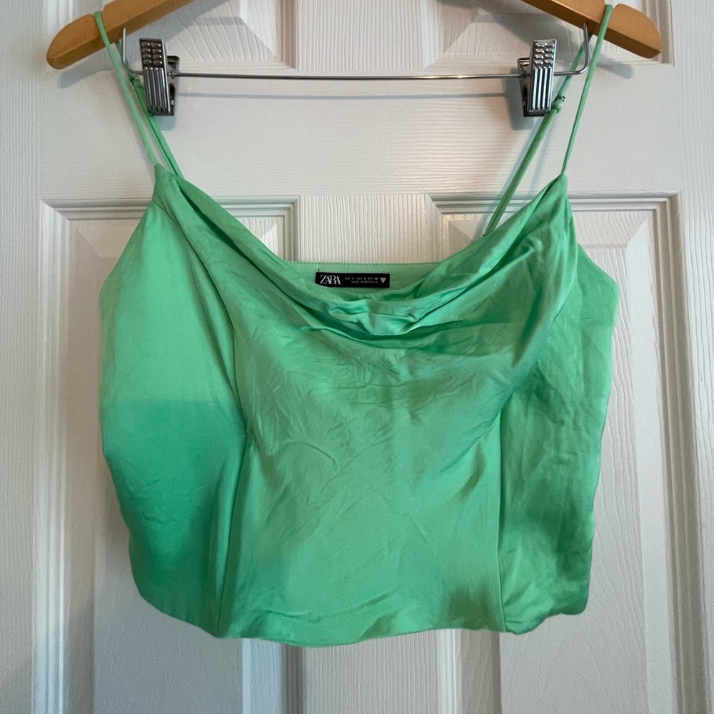 Zara Green Satin Cami Crop Top. Size Small